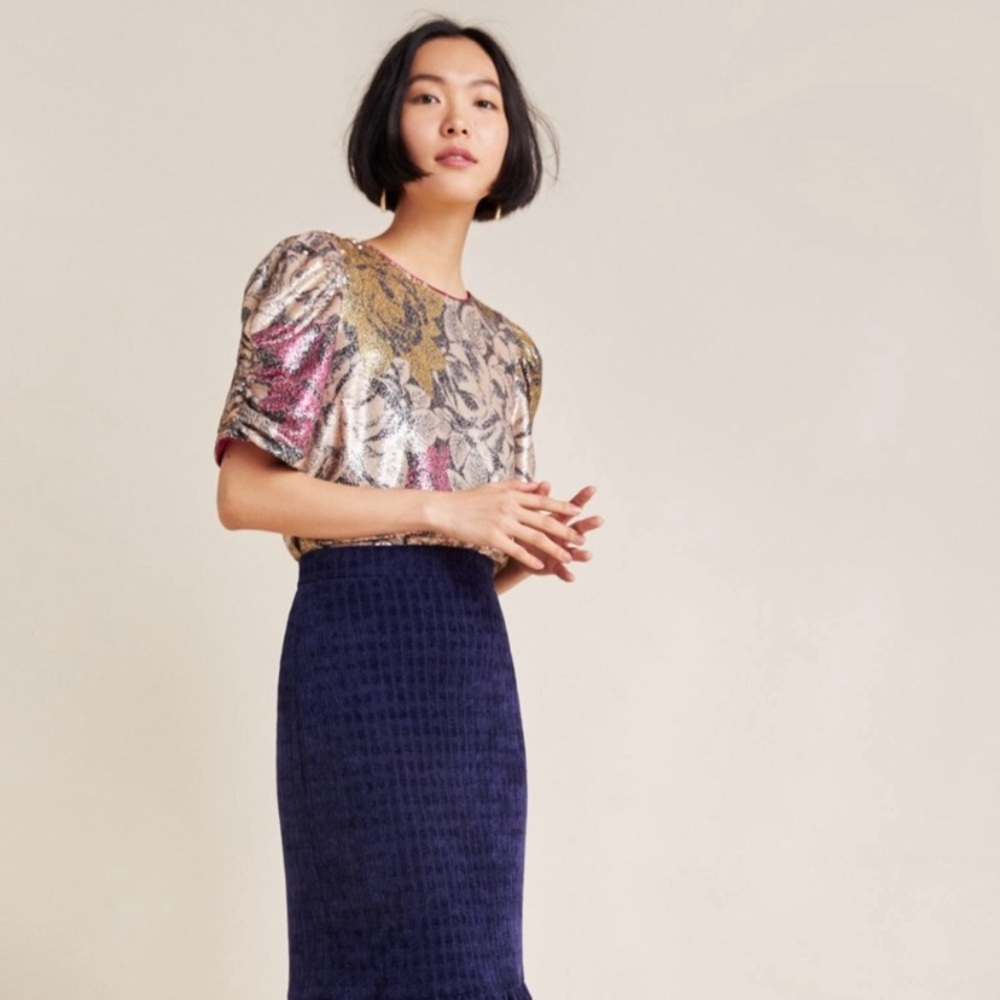 Anthropologie Floral Metallic Blouse - Gold and Pink